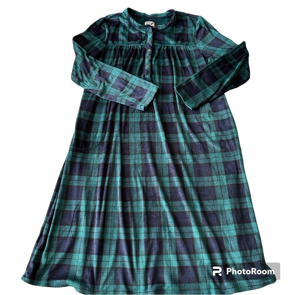 Aria Velour Nightgown Womens Large Blue Green Buffalo Plaid Check Plush Long